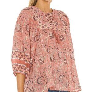 Cleobella Amaryllis Pink Green Boho Blouse Tassel V Neck Small